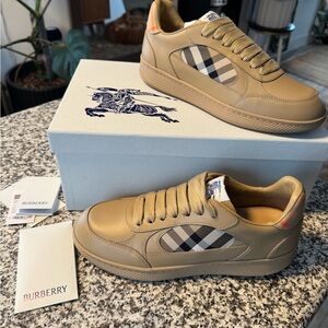 Burberry Tan Leather Sneakers with Signature Check Panel